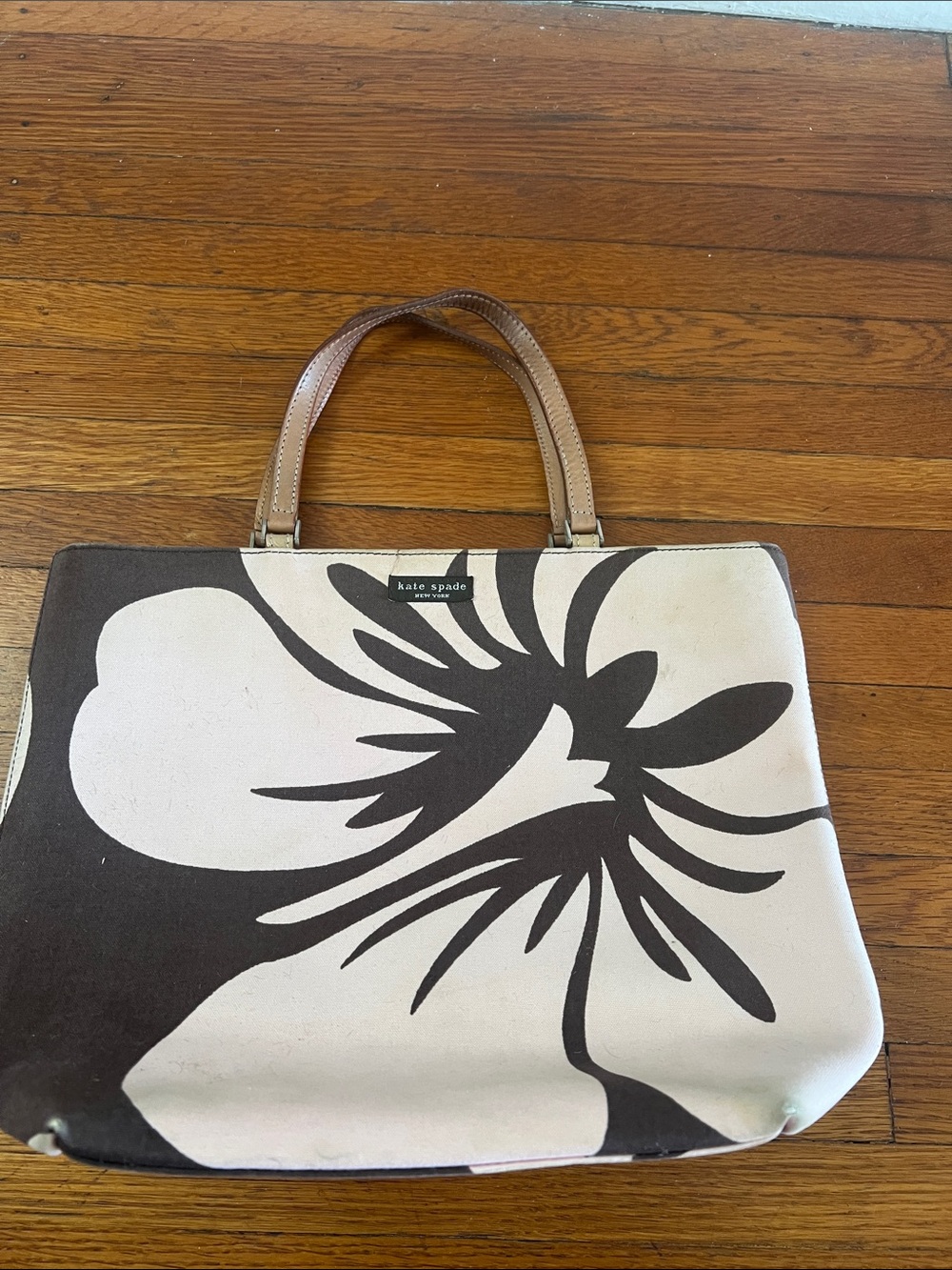 Vintage kate spade light pink and brown Floral Canvas Tote with Tan Handles